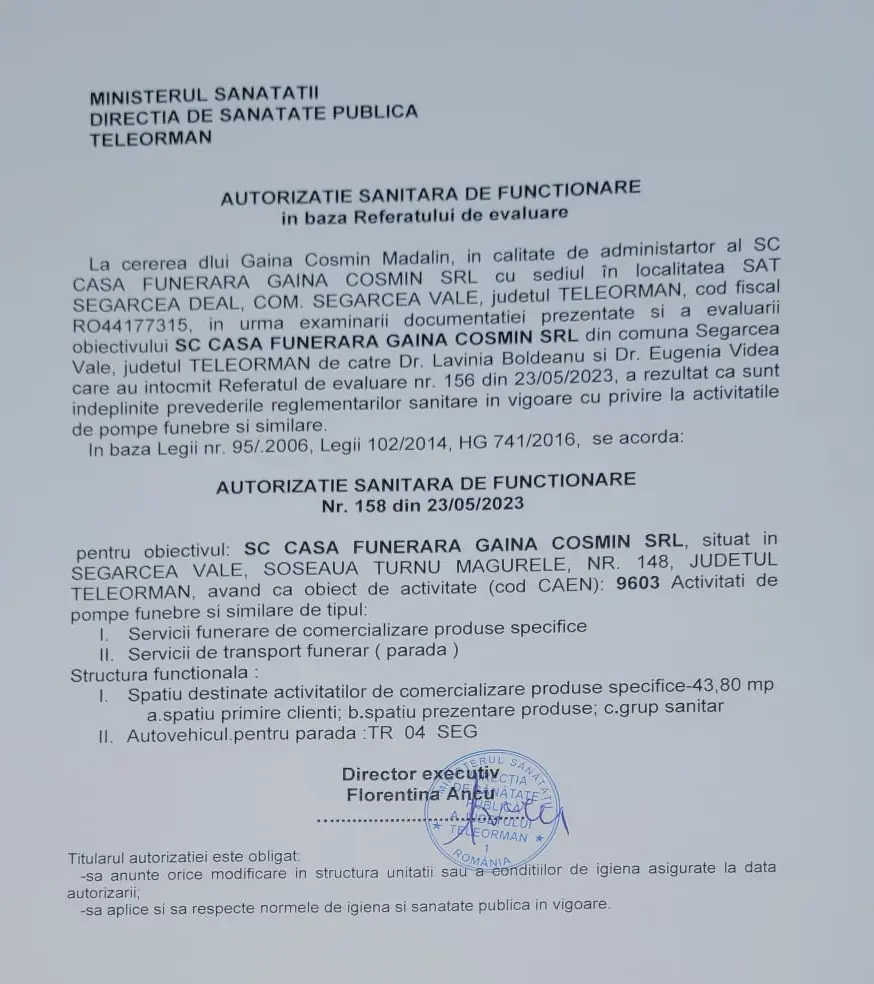 Autorizație DSP — Casa Funerară Găină Cosmin S.R.L.